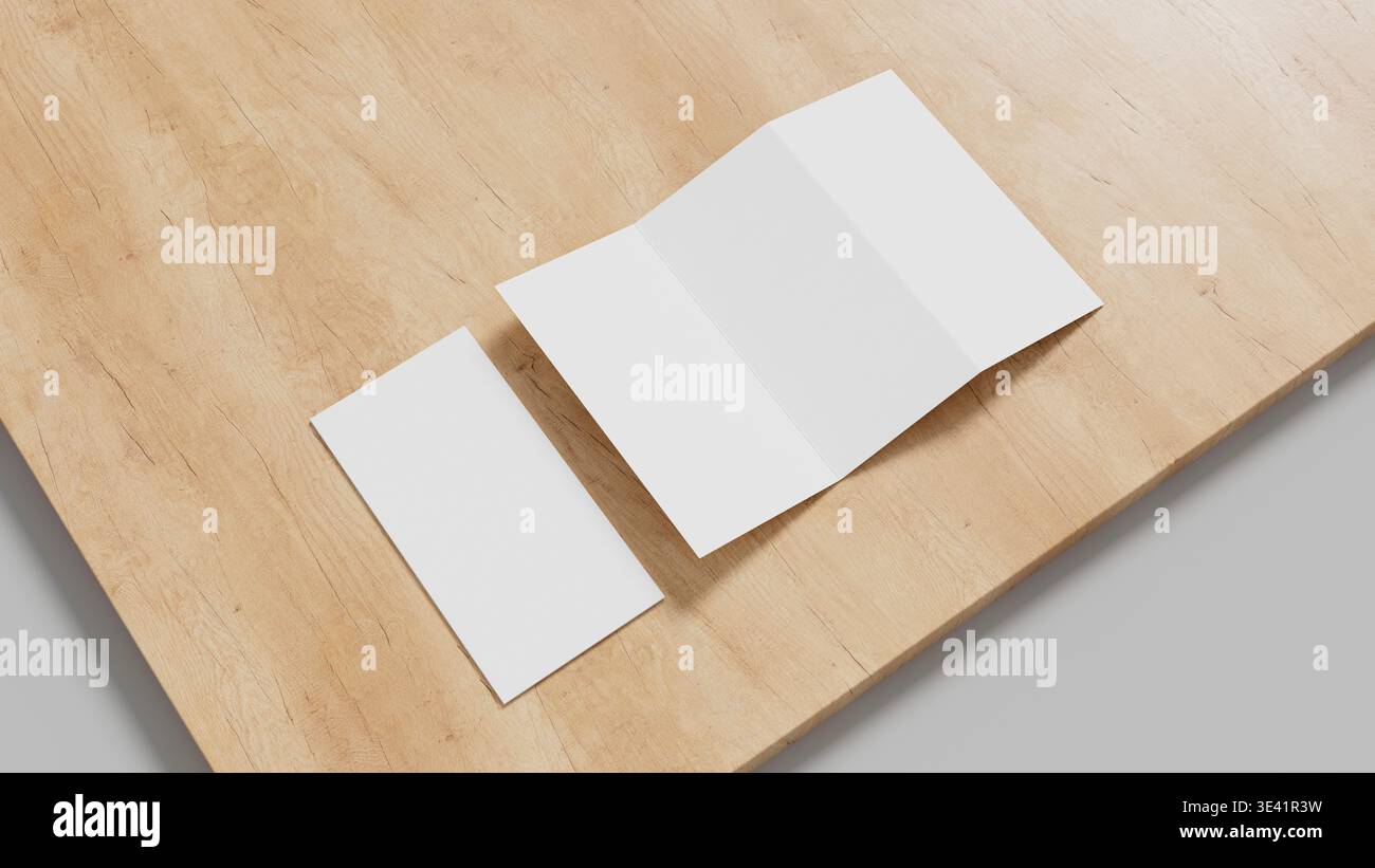 Maquette de brochure neutre à trois plis sur la surface en bois avec une composition propre idéale pour la conception d'impression de présentation de marque et les visuels marketing. Illustr. 3D. Banque D'Images