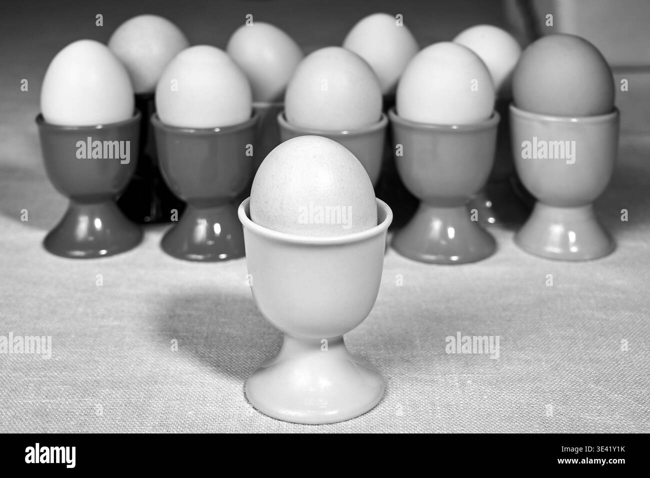 Une rangée de récipients colorés pour les œufs durs sur une table, préparés pour le petit déjeuner de Pâques, Pologne, monochrome Banque D'Images