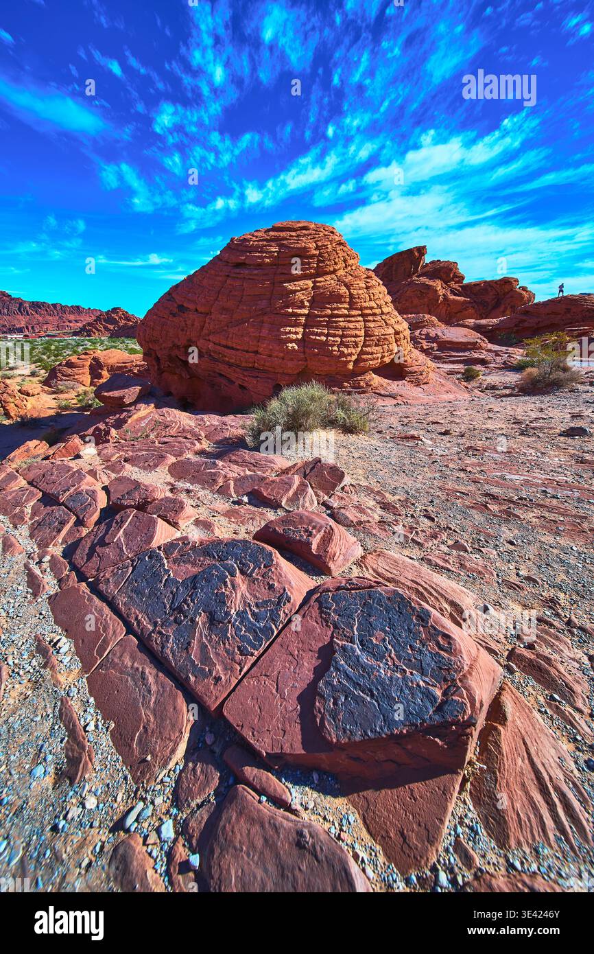 Formation de grès de ruche d'abeille et Rocks à motifs sous Bright Desert Sky Banque D'Images