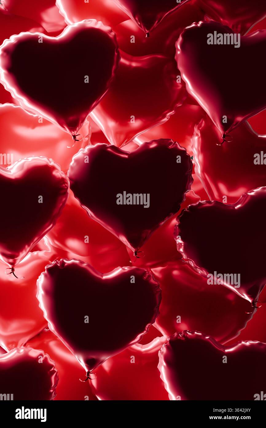 Fond brillant de ballons de coeur. Ballons rouges en forme d'ouïe. Fond romantique. ECLAIRAGE sombre. rendu 3d. Banque D'Images