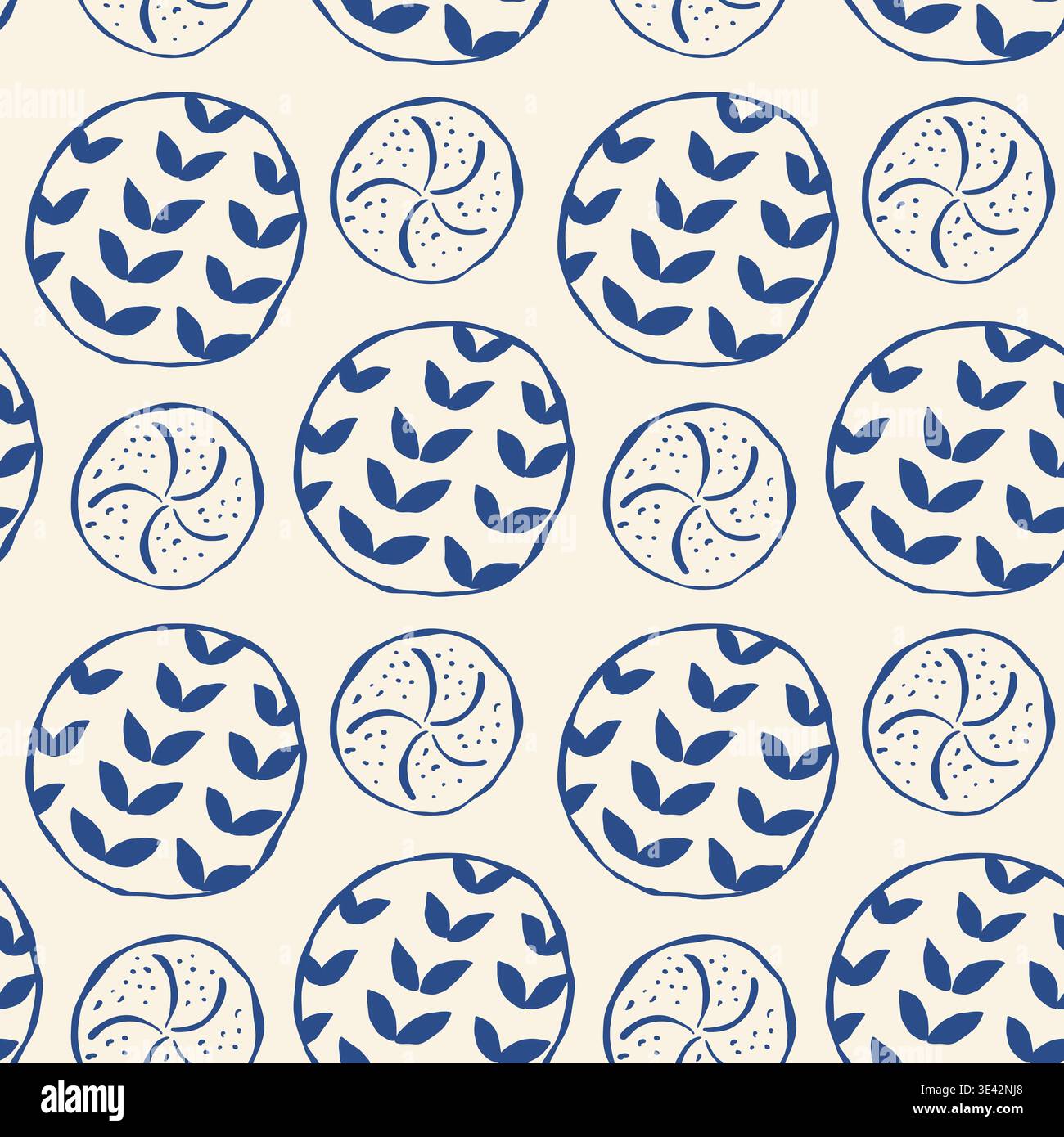 Cercles bleus et crème avec divers motifs de pain. Convient pour les textiles, la papeterie ou la conception d'emballage. Un style épuré et minimaliste pour le b moderne Illustration de Vecteur