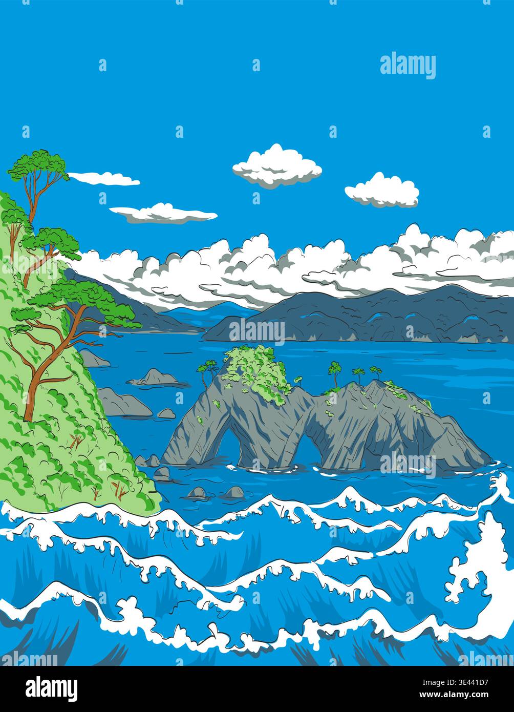 WPA style ukiyo-e ou ukiyo illustration du parc national Sanriku Fukko le long de la côte Sanriku du Japon fait dans des travaux rétro d'administration de projet sty Illustration de Vecteur
