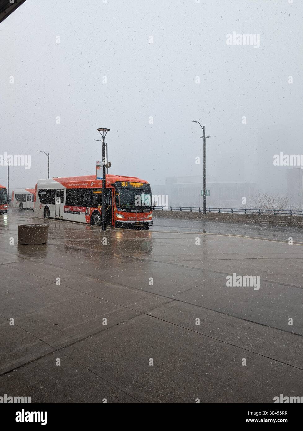 MiWay transit bus se trouve au terminus de bus, avec le paysage urbain en arrière-plan, pendant une tempête de neige en hiver. Transports publics d'une métropole - Image de stock capturée avec un smartphone