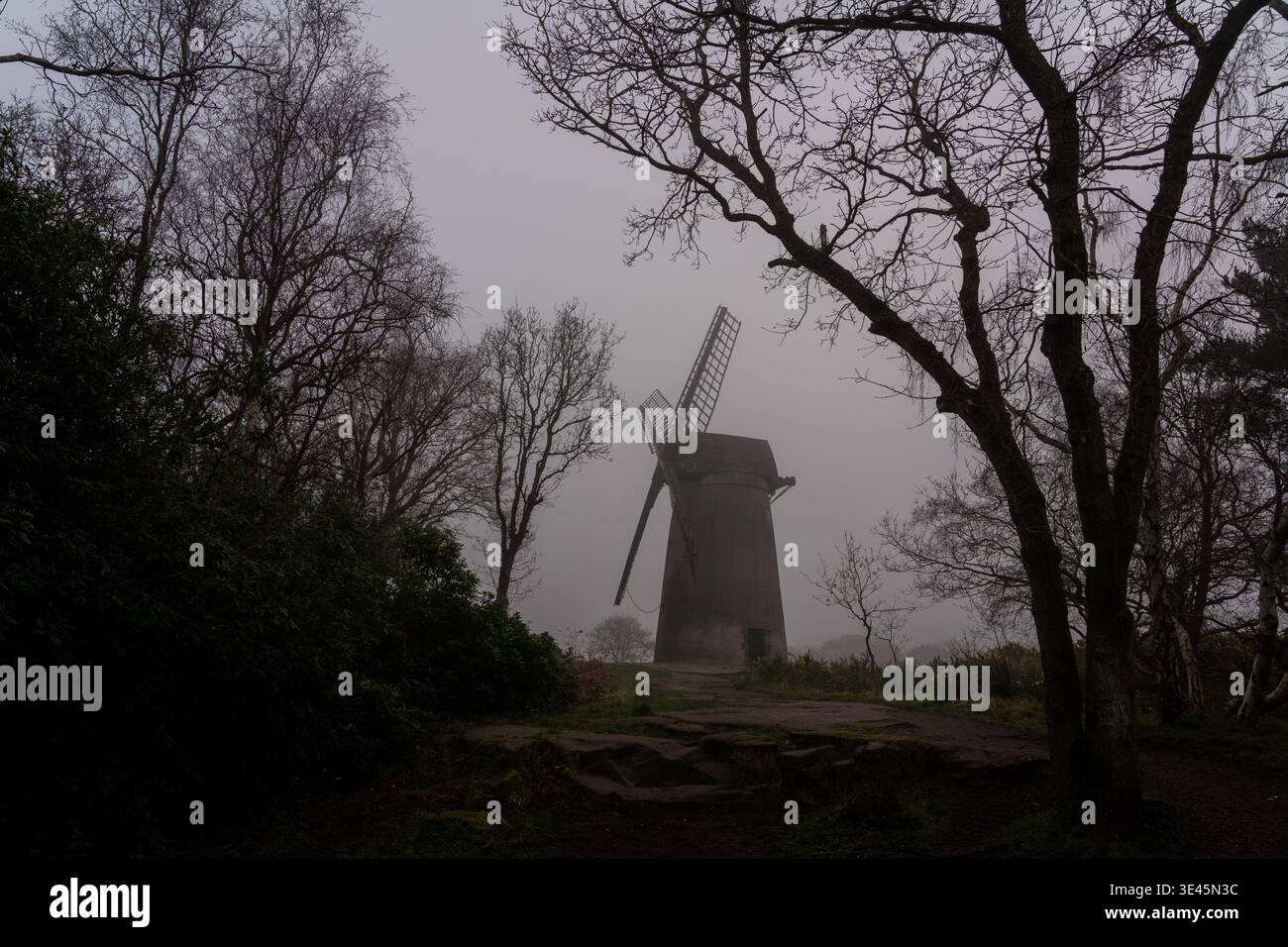 Moulin à vent de Bidston debout dans un épais brouillard entouré d'arbres Banque D'Images