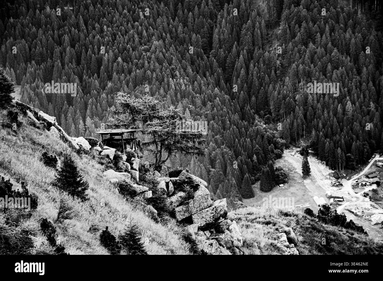 Pavillon de chasse sur une crête cachée parmi les pins, surplombant la vallée de Lagorai dans la province autonome de trente Banque D'Images
