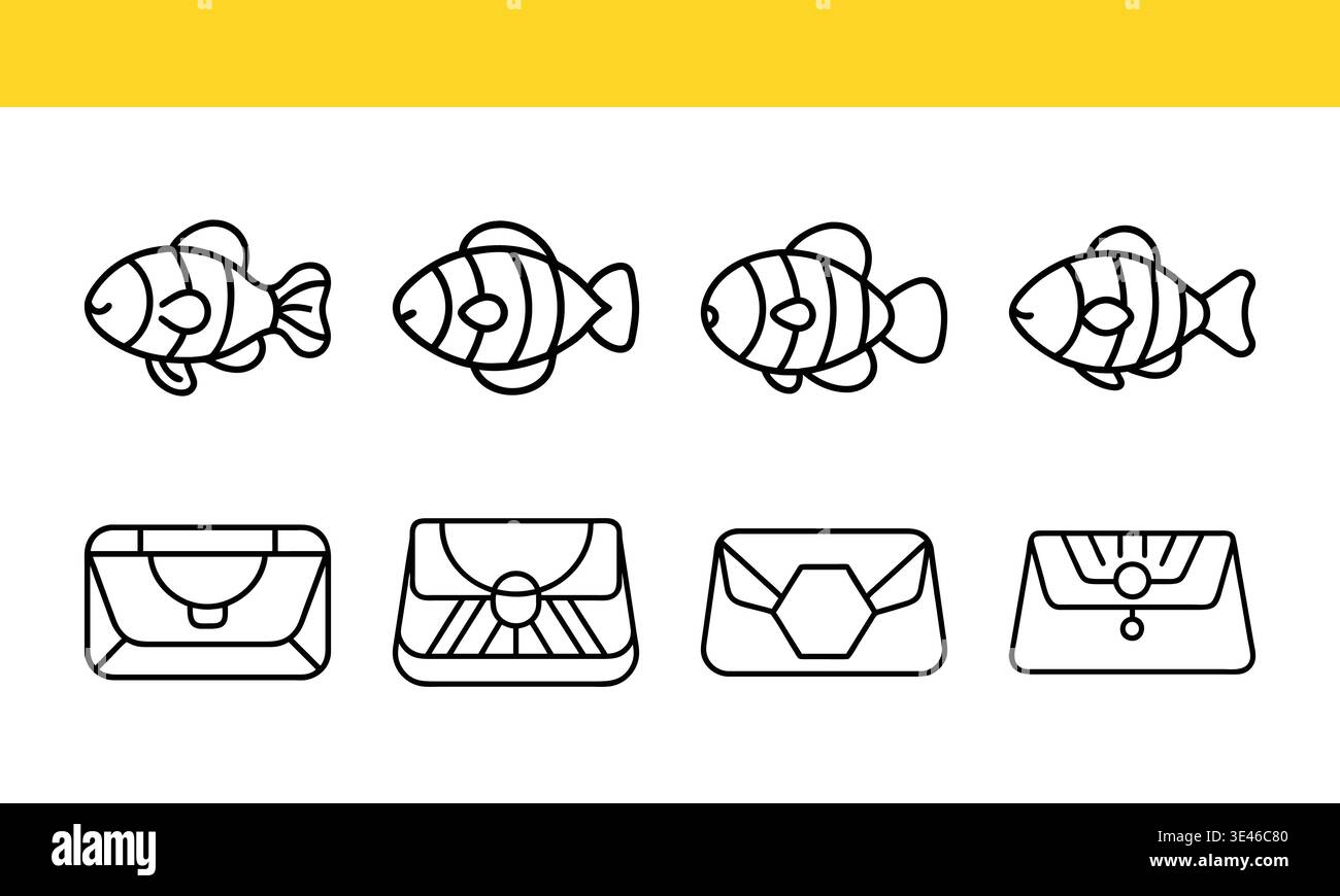 Icônes poisson et enveloppe en noir et blanc sur fond jaune. Illustration de Vecteur