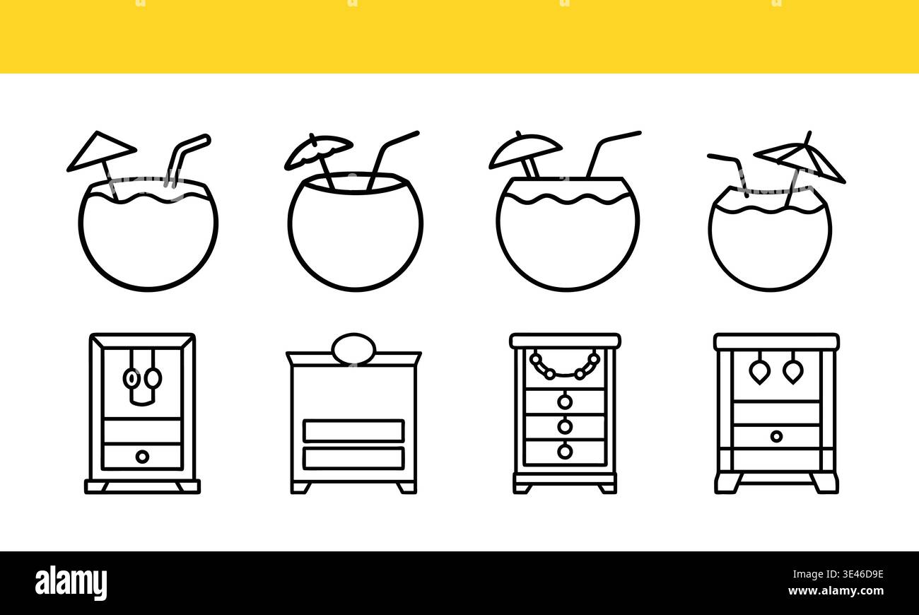 Verre de cocktail et meubles ligne d'icônes ensemble, boisson et décoration d'intérieur Outline Vector Collection Illustration de Vecteur