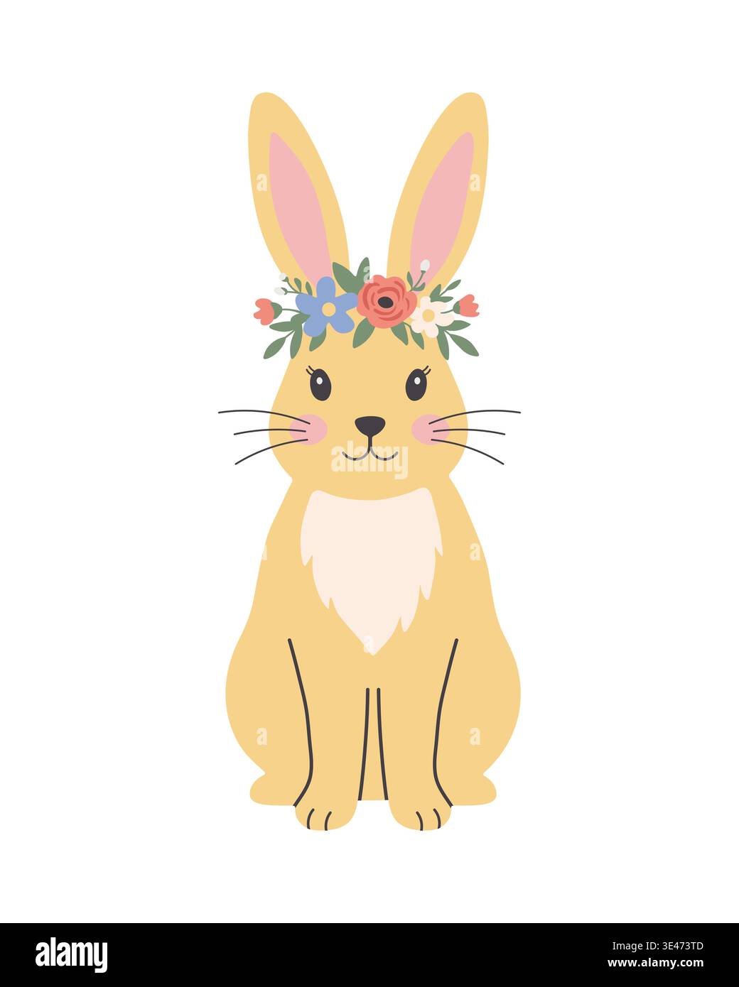 Joli lapin de Pâques avec une couronne fleurie. Illustration vectorielle dessinée à la main plate Illustration de Vecteur