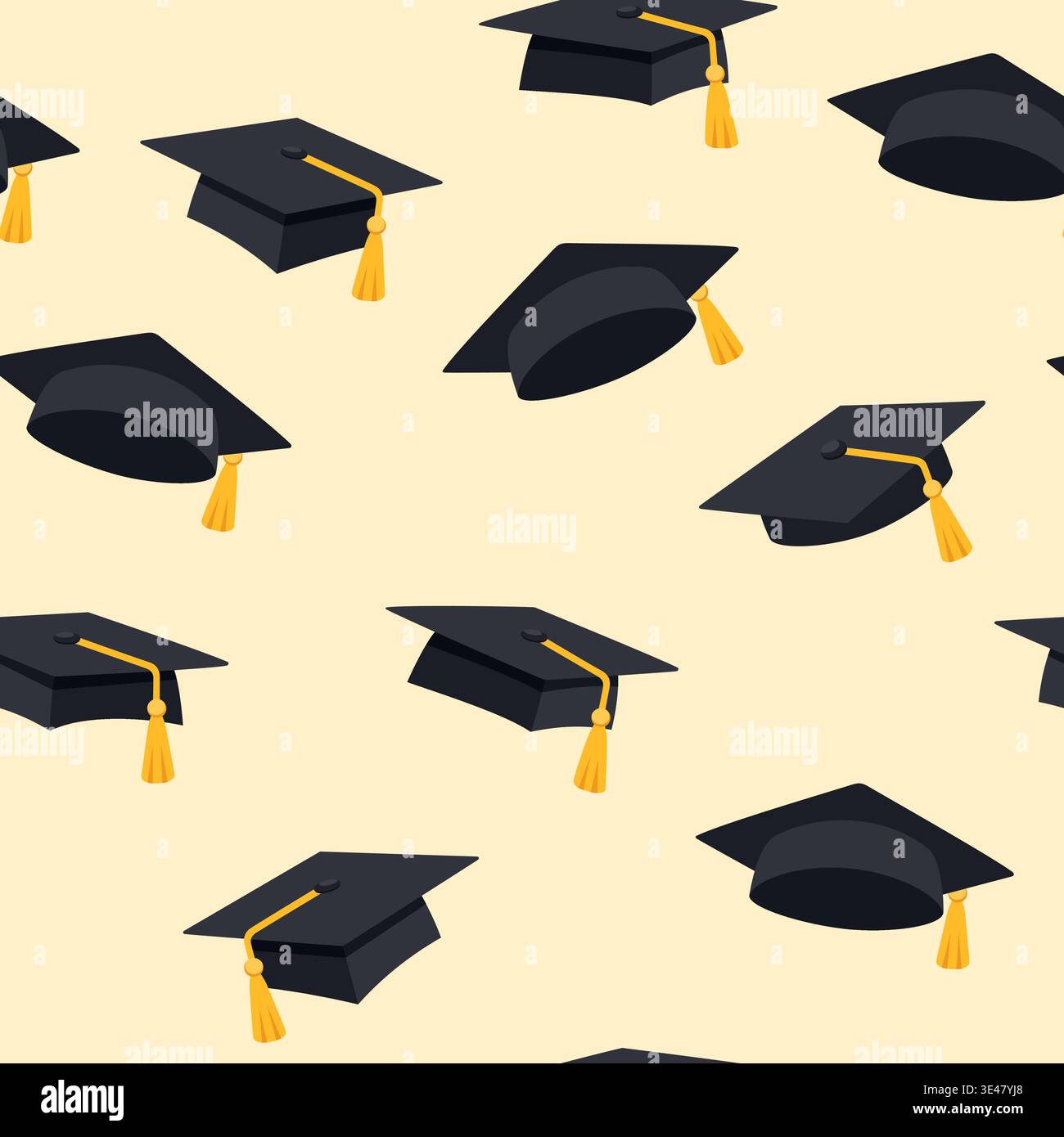 Casquettes académiques motif sans couture. Mortarboards de graduation avec des pompons jaunes répétant le fond sur jaune clair. Illustration de Vecteur