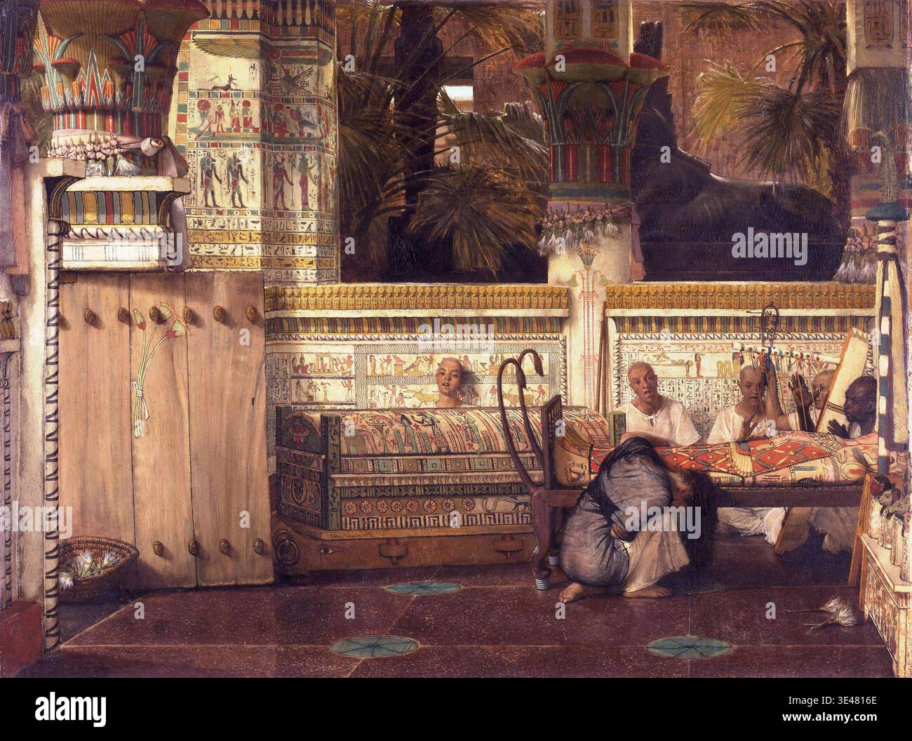 Temple égyptien avec une veuve endeuillée. Les prêtres chantent et jouent de la harpe près du corps du défunt. *Huile sur panneau *74,9 x 99,1 cm *signé : L. Alma Tadema 1872 Banque D'Images