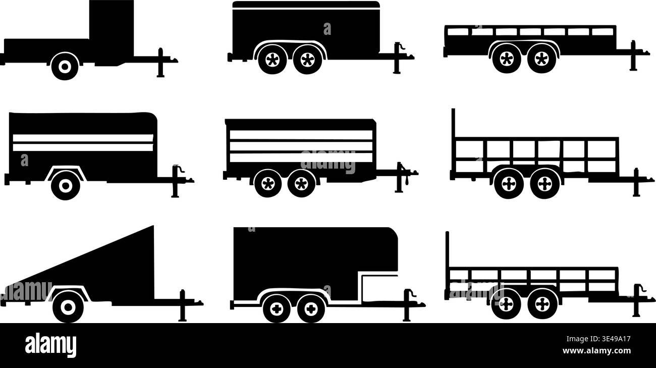 Collection d'icônes graphiques vectorielles de silhouette noire représentant divers types de remorques utilitaires et de cargaison. Illustration de Vecteur