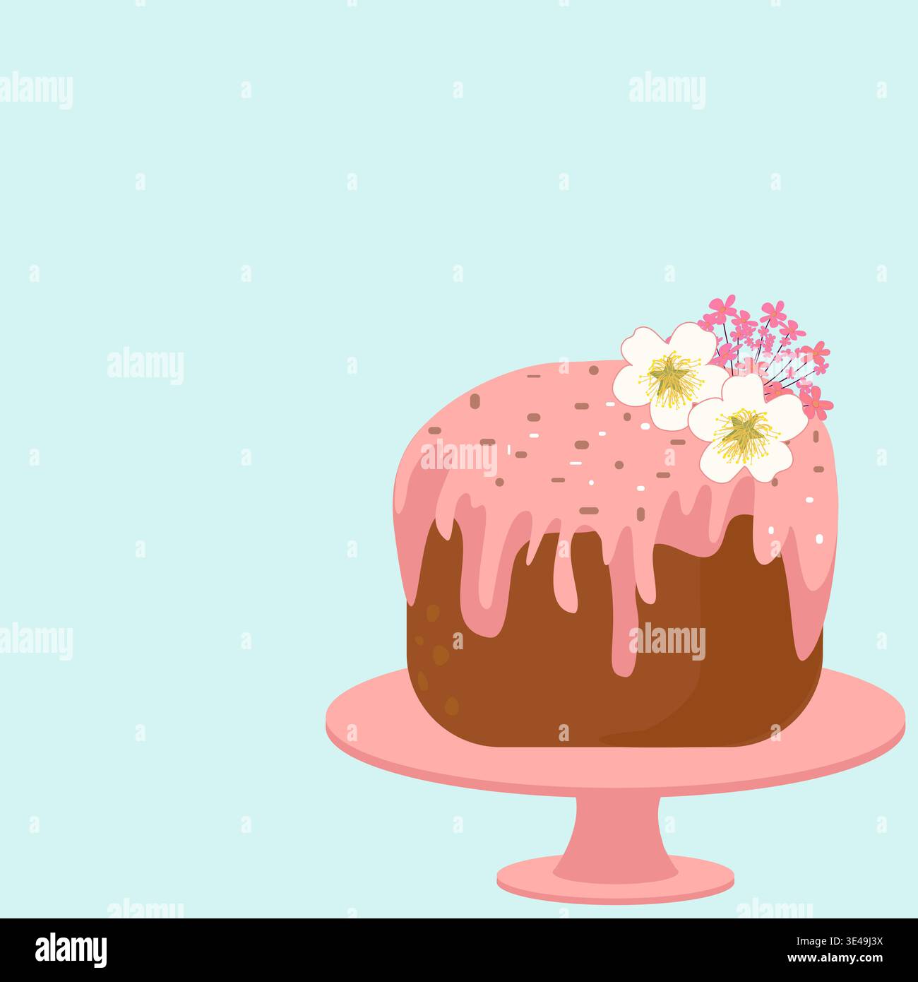 Gâteau de Pâques sur illustration vectorielle de stand de gâteau. Pain traditionnel pascha avec glaçage rose et fleurs de printemps sur fond bleu Illustration de Vecteur