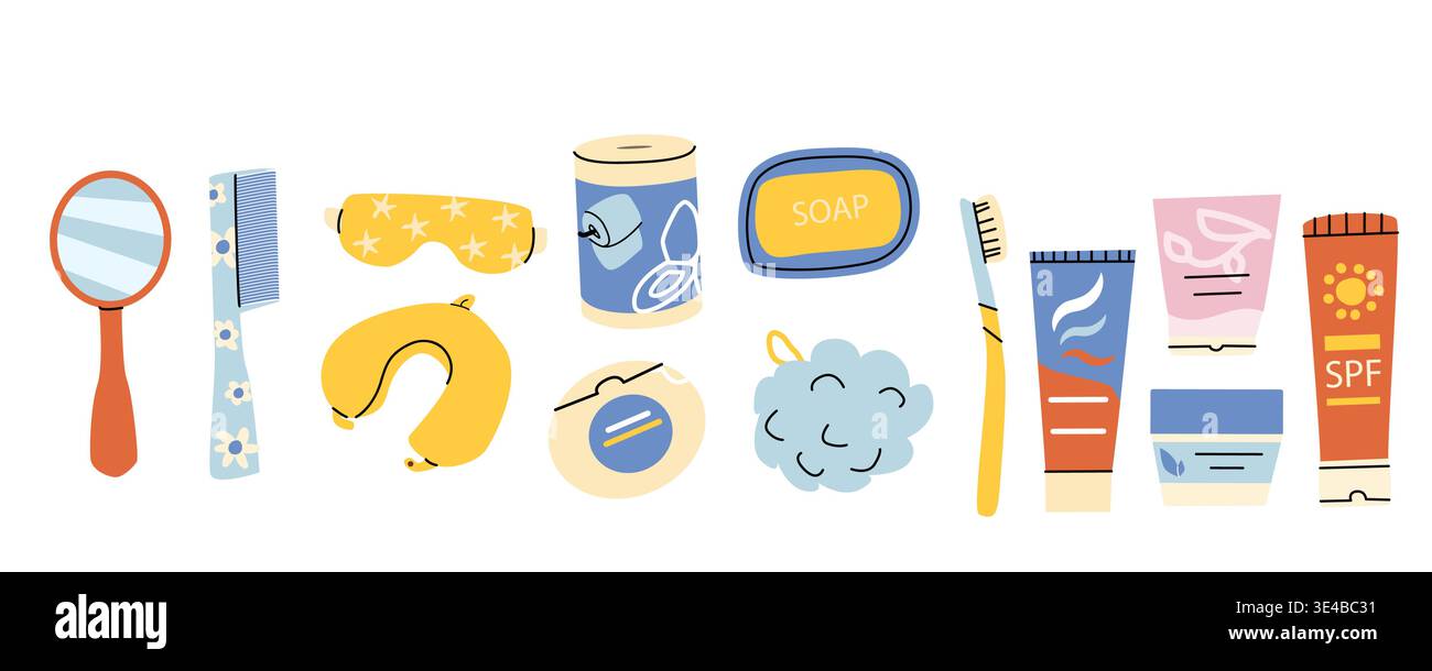 Kit d'hygiène indispensable. Articles de couchage, hygiène, cosmétique, éléments de bain, fil dentaire, jeu de papier toilette. Illustration plate de dessin animé isolé sur blanc. Illustration de Vecteur