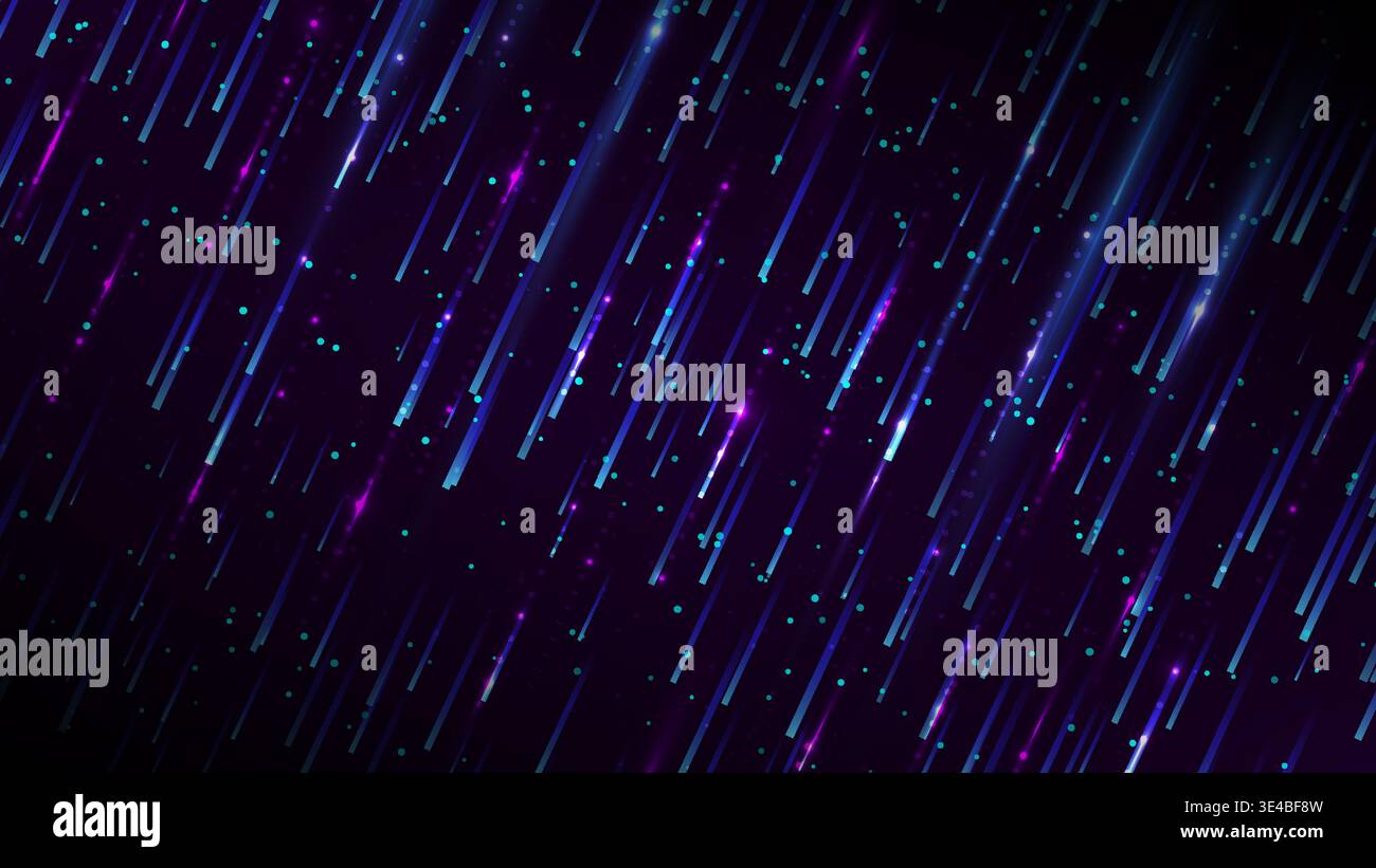 le fond numérique futuriste sombre affiche des stries de néon brillantes de lignes de pluie bleues et violettes dispersées avec des particules de lumière vive, high tech pour mo Illustration de Vecteur