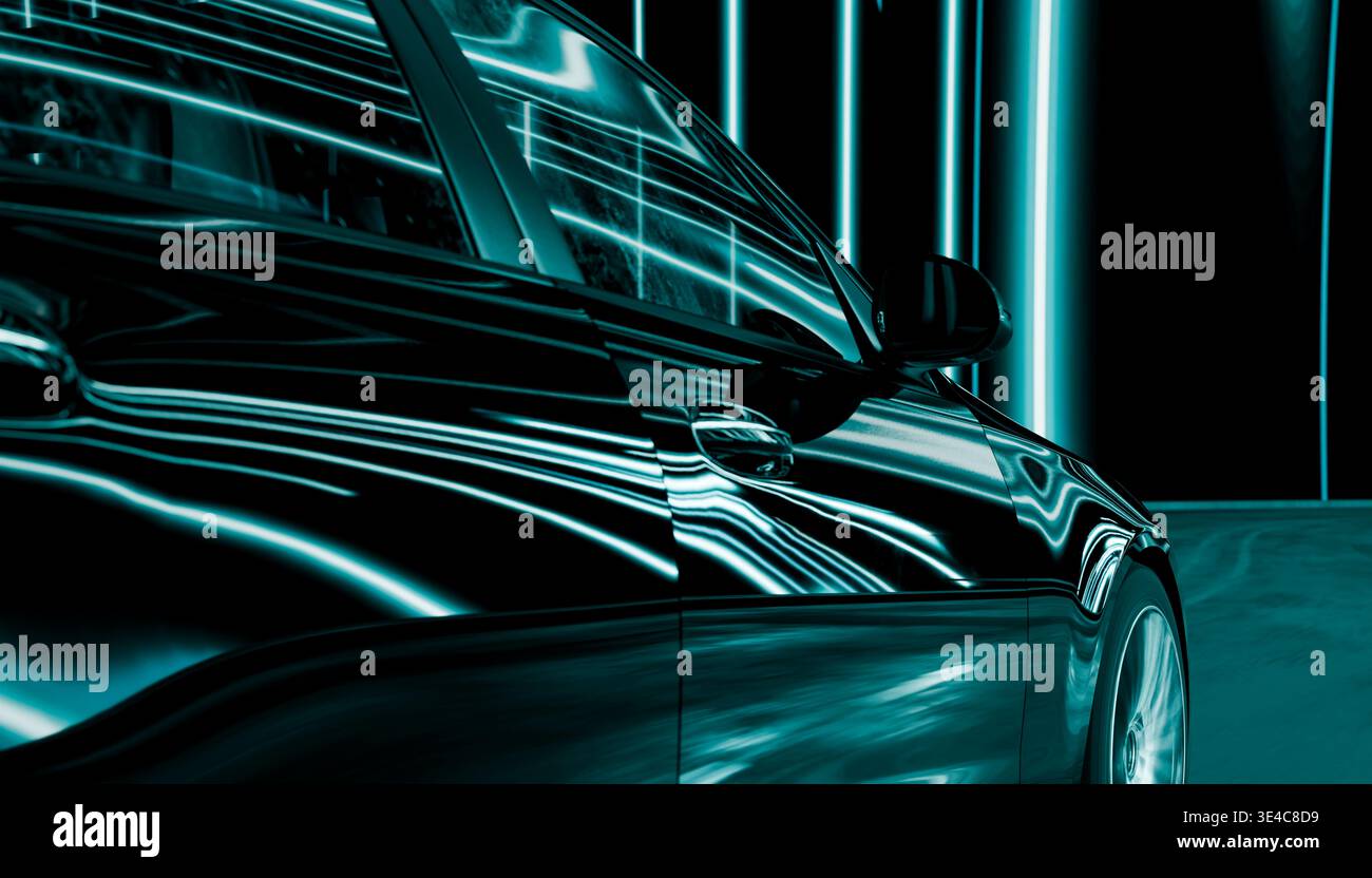 Voiture noire réfléchissant les néons sarcelle dans un tunnel futuriste Banque D'Images