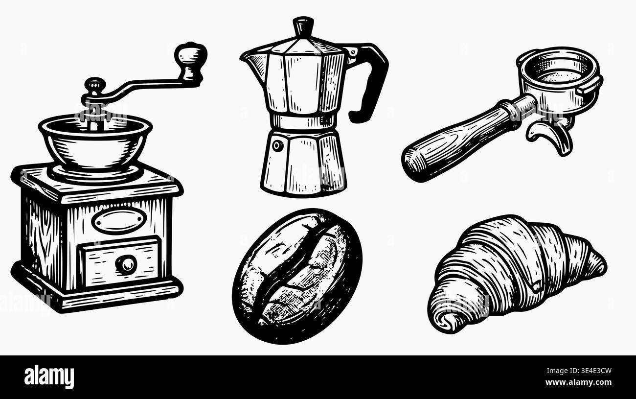 Une collection très détaillée d'outils de préparation du café et d'articles de boulangerie dans un style de gravure classique. Illustration de Vecteur