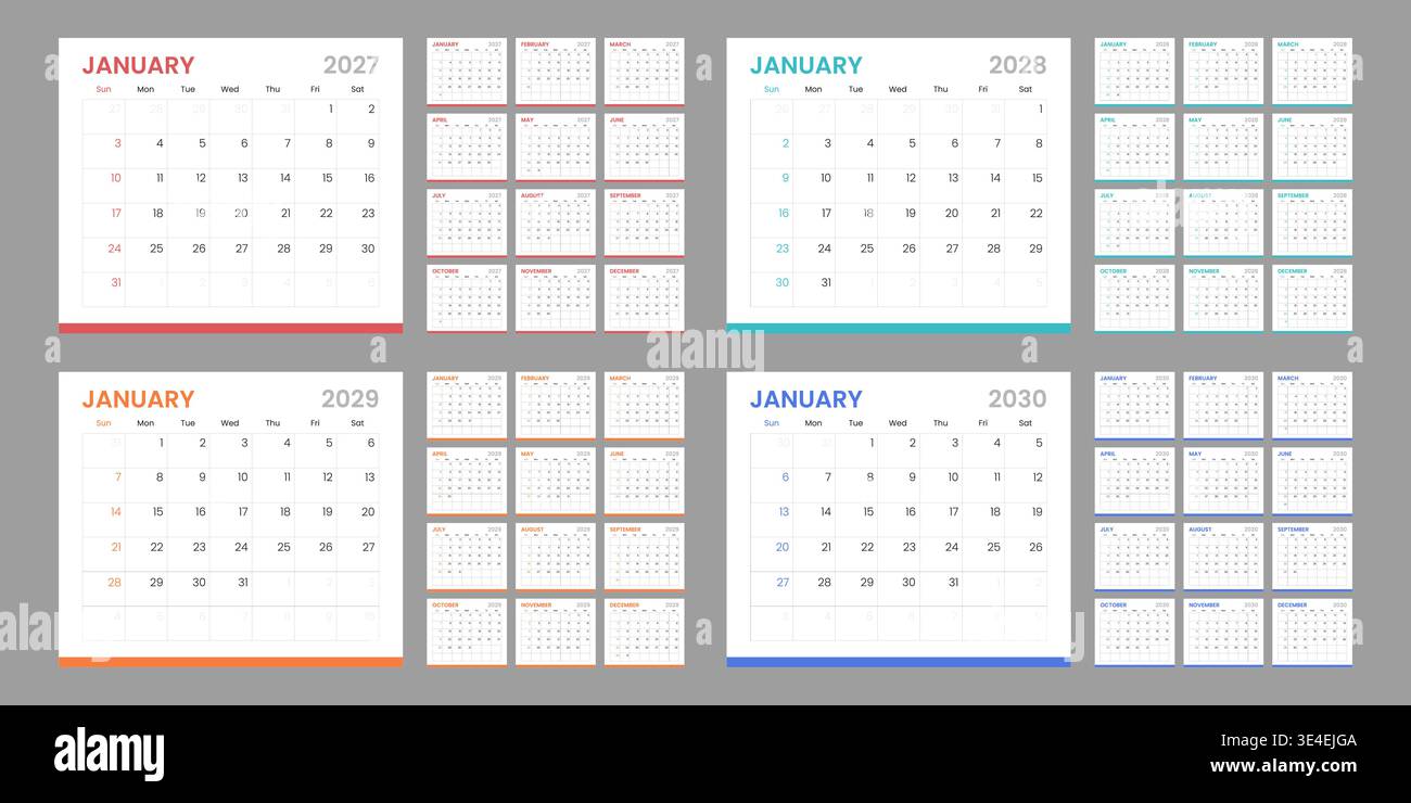 Modèle de calendrier défini pour 2027, 2028, 2029 et 2030 ans. La semaine commence le dimanche. Modèle de calendrier vectoriel simple modifiable Illustration de Vecteur