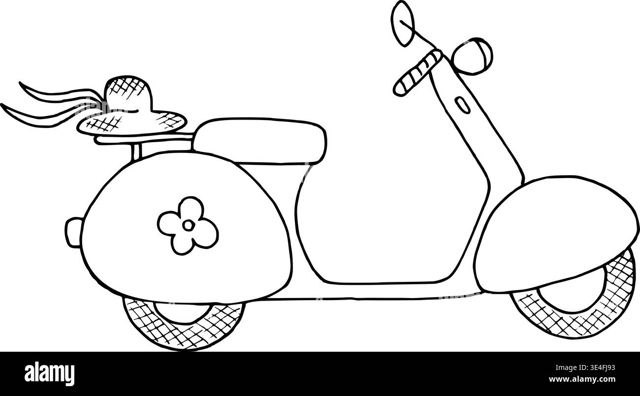 Esquisse de contour de scooter rétro dans le style de doodle dessiné à la main. Illustration vectorielle de contour pour la conception de voyage. Art de ligne noire de cyclomoteur vintage. Elemen de conception Illustration de Vecteur