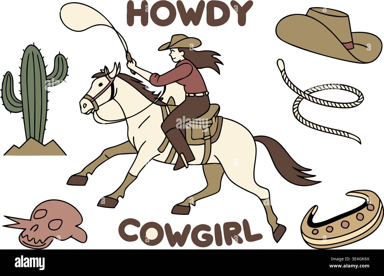 Cow-girl équitation cheval avec lasso dans l'illustration de dessin animé de paysage de désert de l'ouest sauvage pour la conception de thème occidental. Illustration de Vecteur