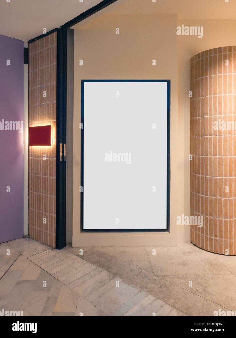 Un intérieur de magasin de détail moderne présentant une affiche verticale vierge pour la publicité. L'espace présente un mélange de textures violettes, beiges et briques, offe Banque D'Images