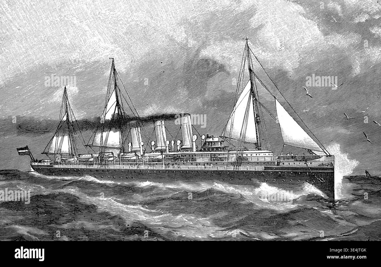 Augusta Victoria, un bateau à vapeur rapide qui fut le plus grand navire à passagers allemand de 1888 à 1889. Il navigue pour la Hamburg-American Packet Shipping Company (HAPAG). Illustration, reproduction d'un original du XIXe siècle. Authentique, fichier restauré pour une utilisation optimale, date exacte de l'original inconnu, historique. Banque D'Images