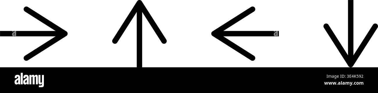 Un ensemble de quatre flèches noires simples pointant dans quatre directions cardinales différentes disposées dans un format de rangée horizontale. Illustration de Vecteur