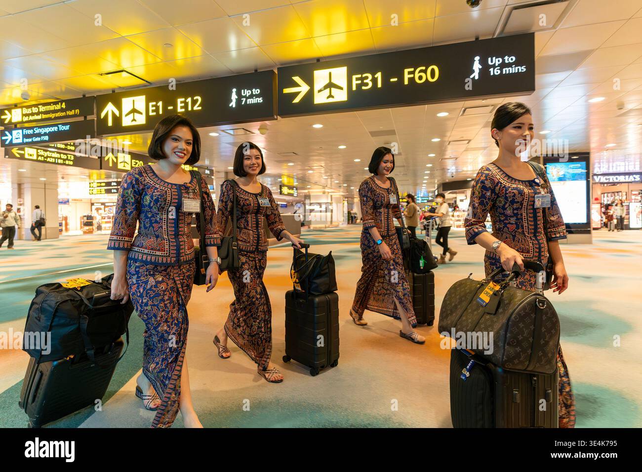 Singapour - 9 décembre 2025 : plusieurs membres du personnel navigant de Singapore Airlines traversent l'aéroport de Changi, chacun avec des bagages roulants. Banque D'Images