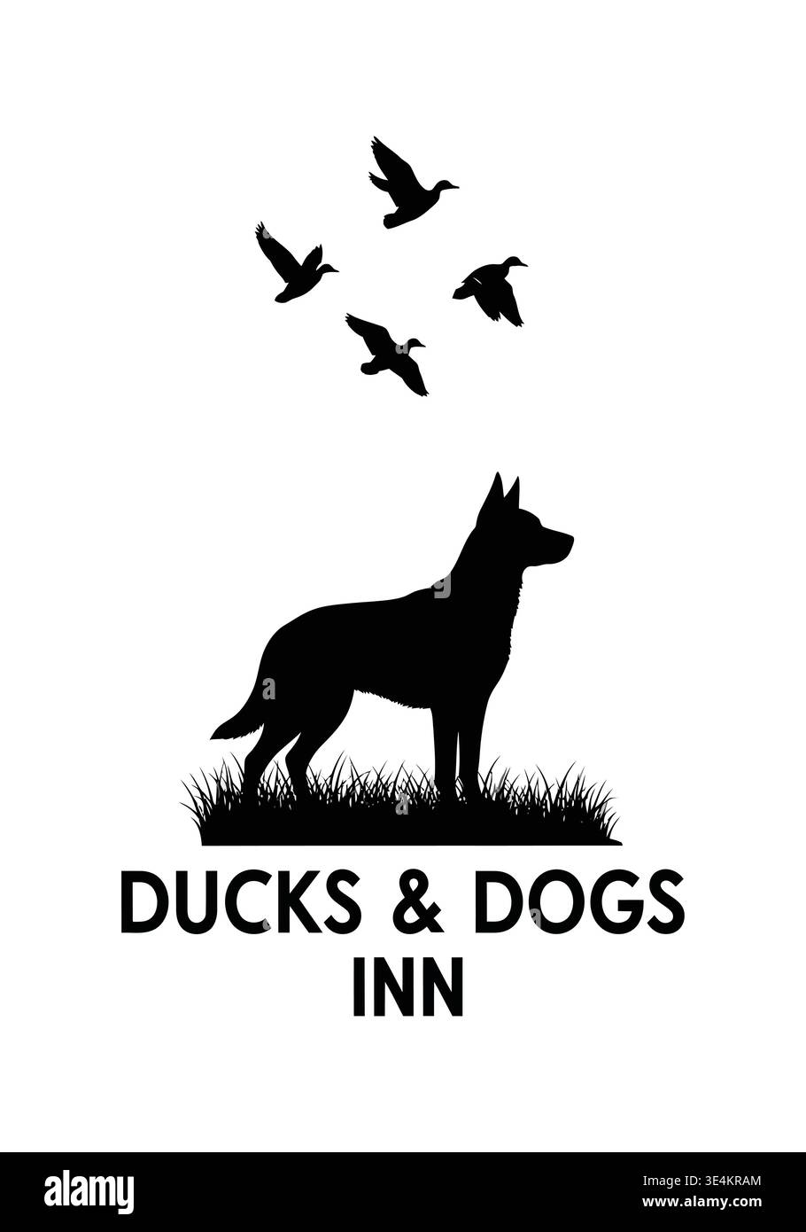 Silhouette d'un chien avec des canards volants au-dessus, logo Ducks & Dogs Inn Illustration de Vecteur