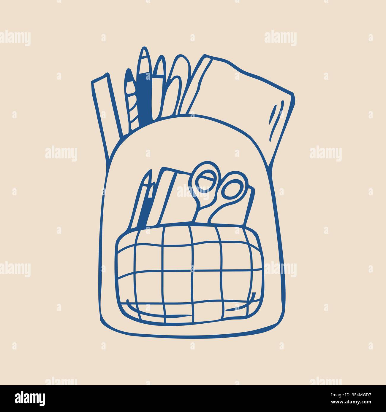 Sac à dos d'école dessiné à la main doodle avec illustration de fournitures de papeterie Illustration de Vecteur