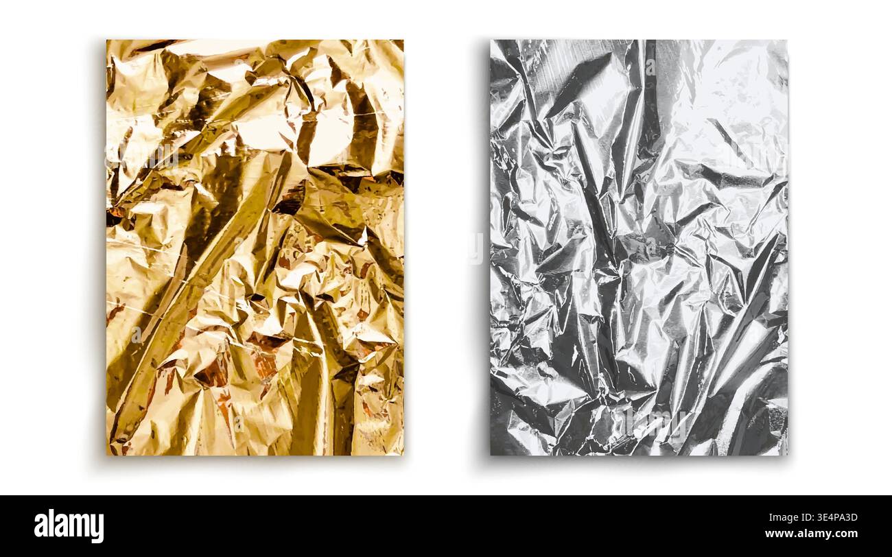 Argent froissé et feuille dorée, texture métallique vectorielle 3d réaliste. Tôle pliée à surface brillante. Matériau de feuille d'aluminium réfléchissant, toile de fond de luxe brillante, fond chatoyant Illustration de Vecteur