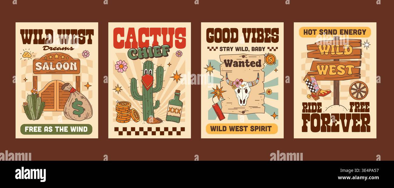 Funky Wild West groovy hippie cow-boy des affiches de personnages occidentaux. Affiches de festival vectoriel psychédélique avec porte de saloon, sac d'argent, cactus, affiche recherchée, panneau routier, et botte de cow-boy Illustration de Vecteur