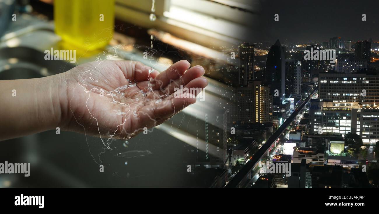 Concept mondial de rareté et de préservation de l'eau. Main humaine avec la superposition du globe terrestre et la ligne d'horizon de la ville, montrant que la crise de pénurie d'eau affecte le popul urbain Banque D'Images