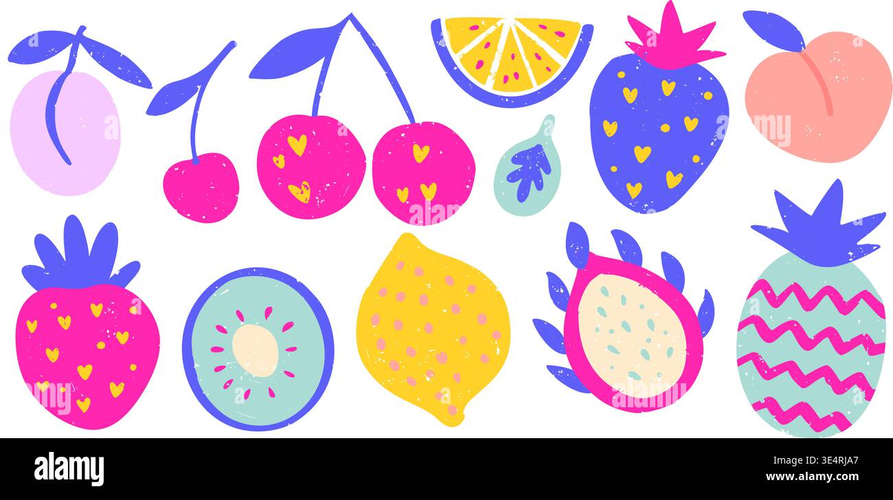Ensemble vecteur de fruits tropicaux cerise fraise citron fruit Dragon Peach et prune dessinée à la main Textured Collection Illustration de Vecteur
