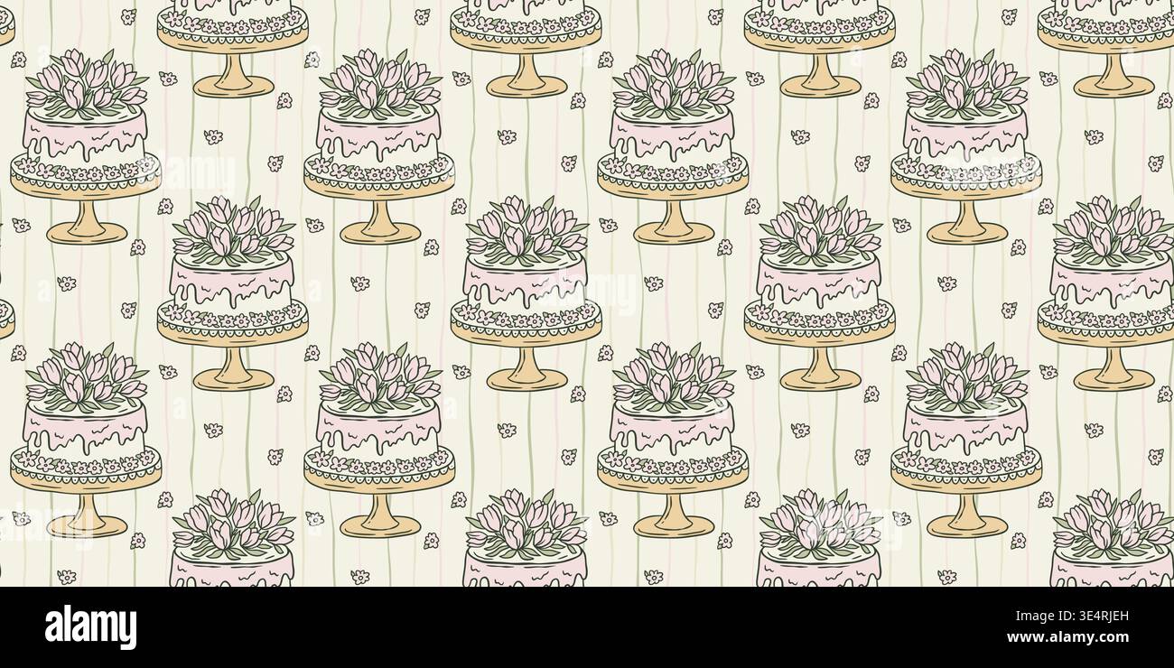 Gâteau de voeux d'anniversaire tulipes florales à motif vectoriel sans couture, fond de conception de printemps de Cottagecore rayé Illustration de Vecteur