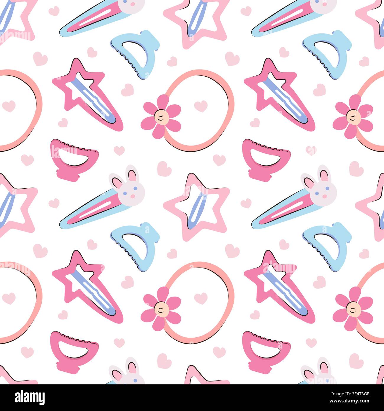 Motif kawaii sans couture avec accessoires de cheveux pour les filles. Épingles à cheveux, griffe, bandes de cheveux, barrettes de cheveux sous forme de lapin mignon, fleur, étoile. Imprimé textile décoratif pour la mode des enfants, salon de beauté Illustration de Vecteur