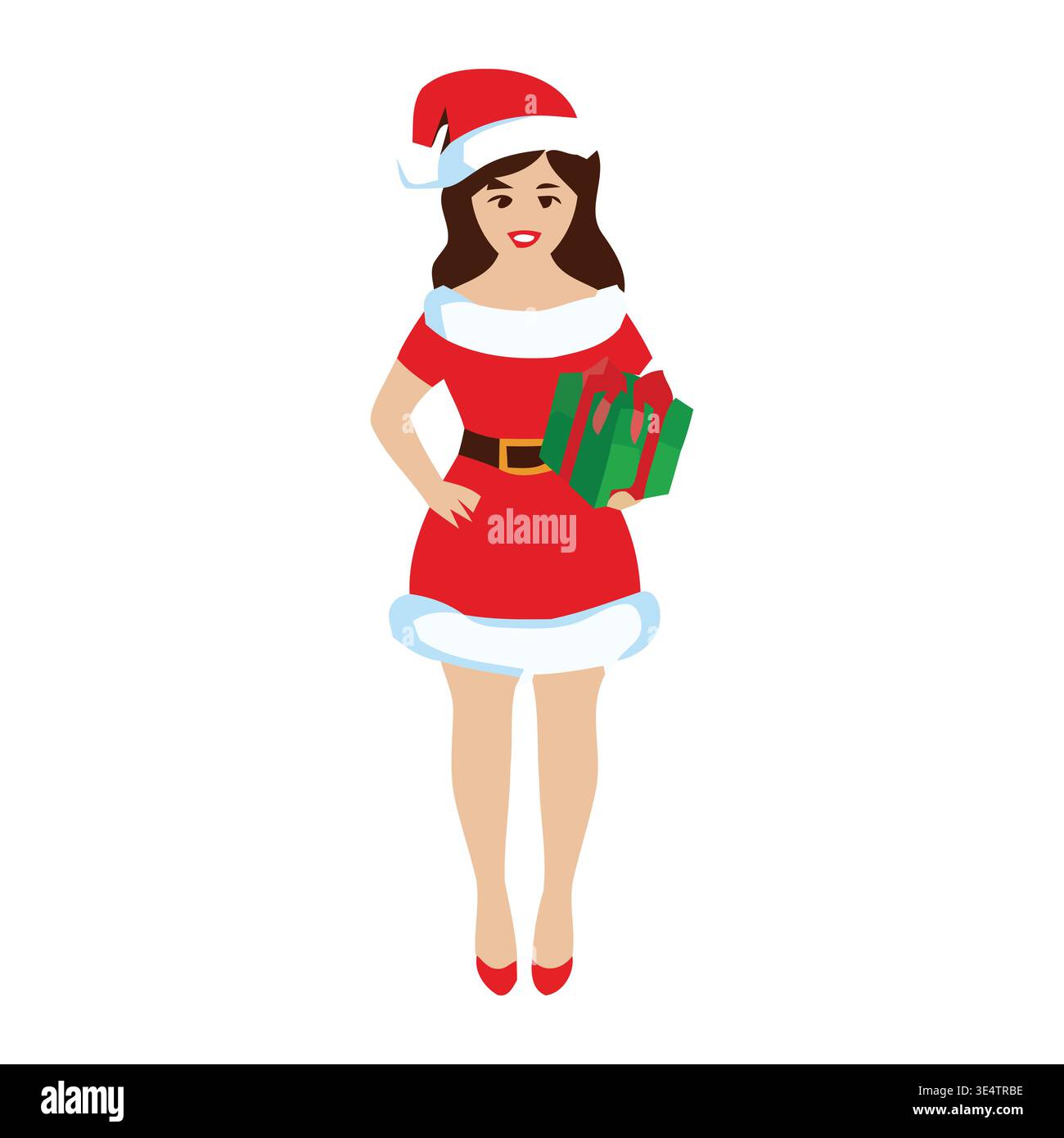 Une femme dans une robe de père noël et un chapeau tenant un arbre de Noël Illustration de Vecteur