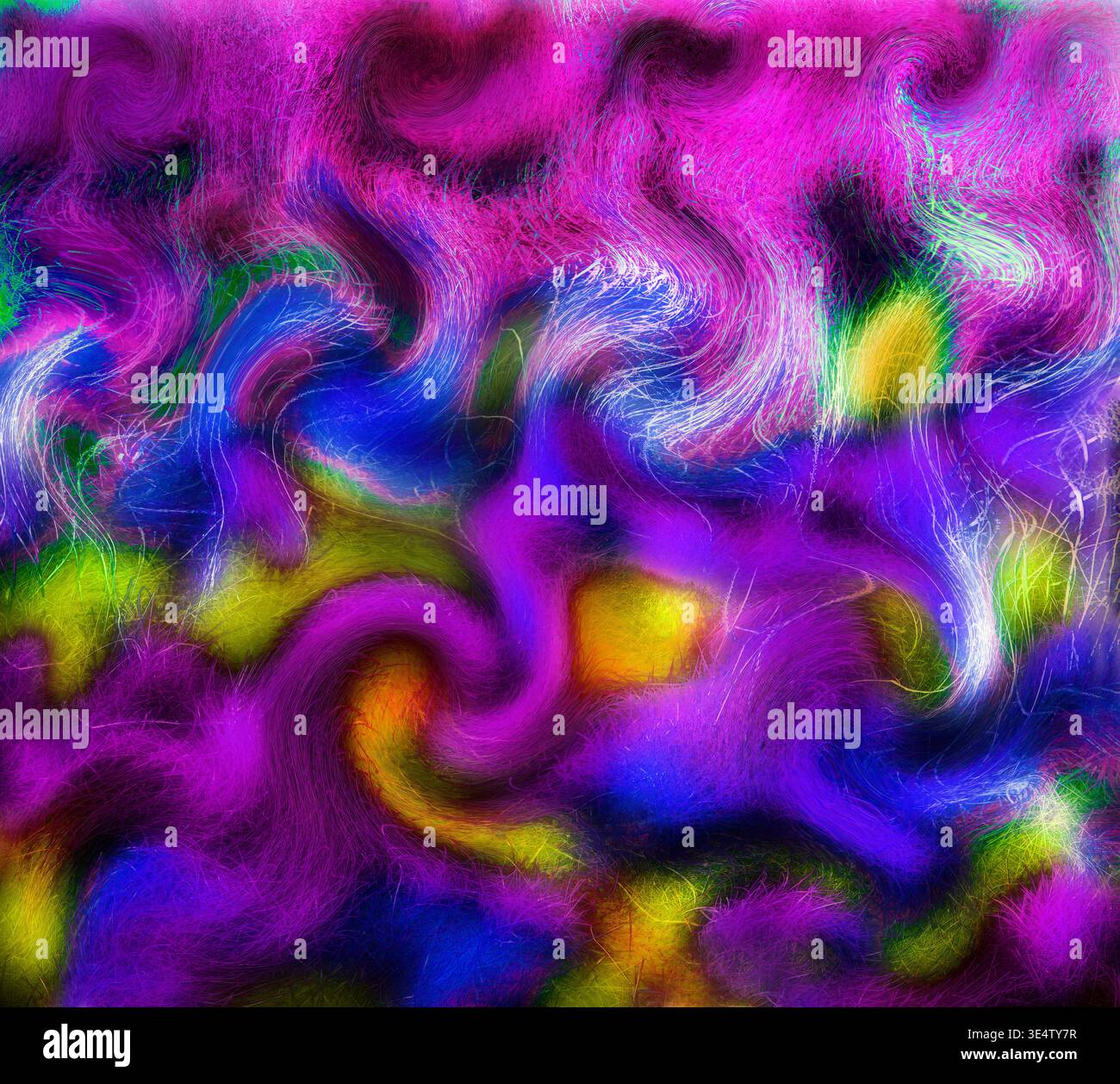 Composition abstraite vibrante de couleurs arc-en-ciel tourbillonnantes et de textures fibreuses ressemblant à un pinceau transmettant le mouvement, l'énergie et le mouvement fluide. Banque D'Images