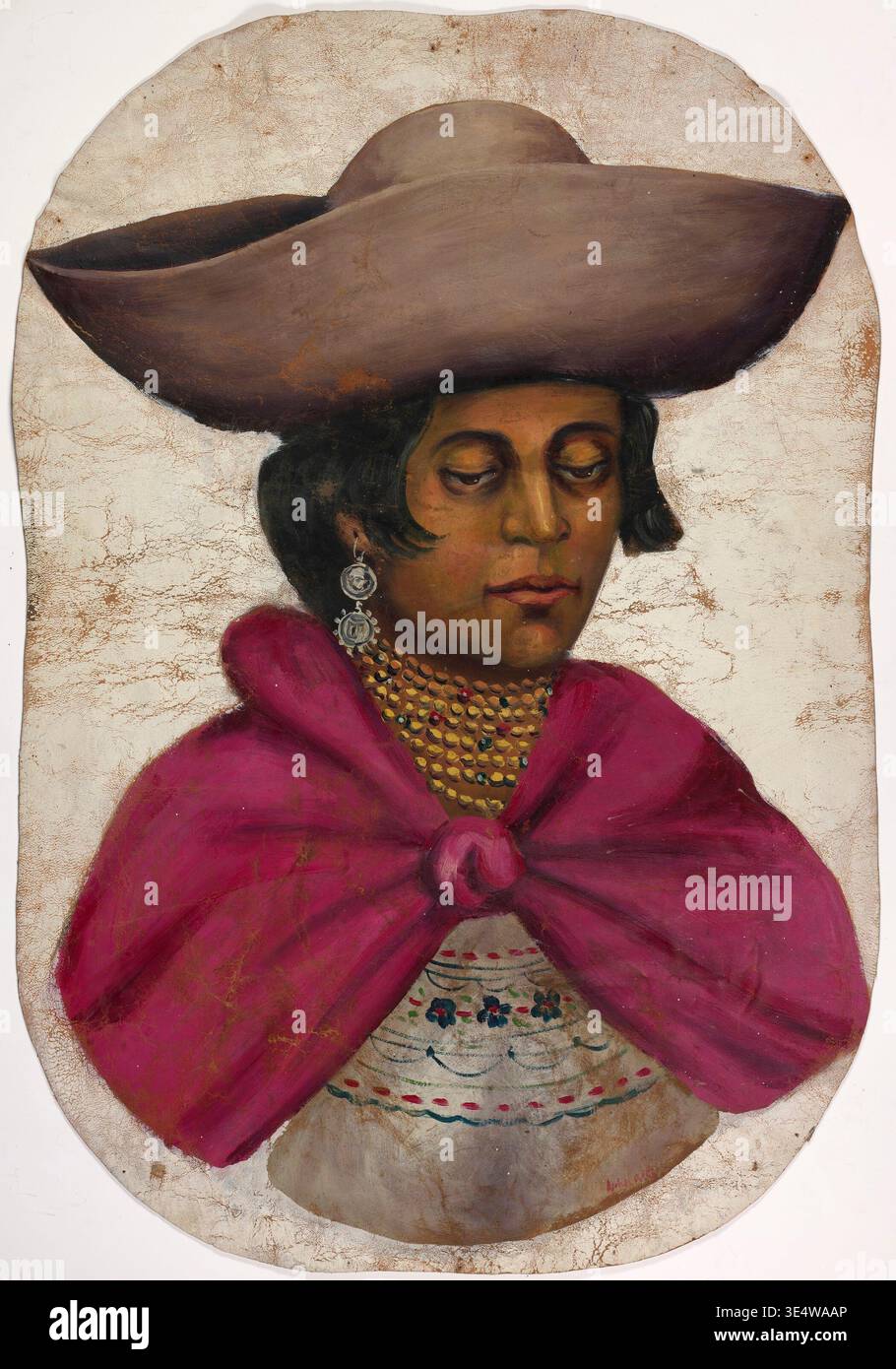 Portrait d'une femme indienne quechua, vers 1920, par un artiste non identifié, représentant une femme en tenue traditionnelle andine avec un chapeau à larges bords, des bijoux et un châle vibrant Banque D'Images