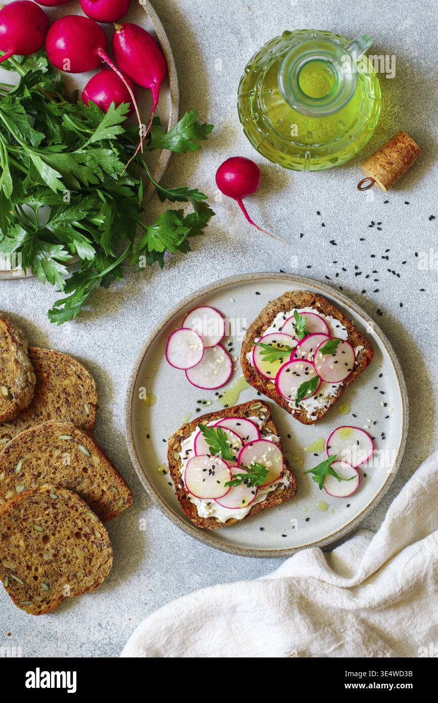 Nourriture, toasts sains de pain de seigle à grains entiers avec tournesol, lin et graines de citrouille avec fromage cottage (chèvre ou ricotta), huile d'olive, radis frais Banque D'Images