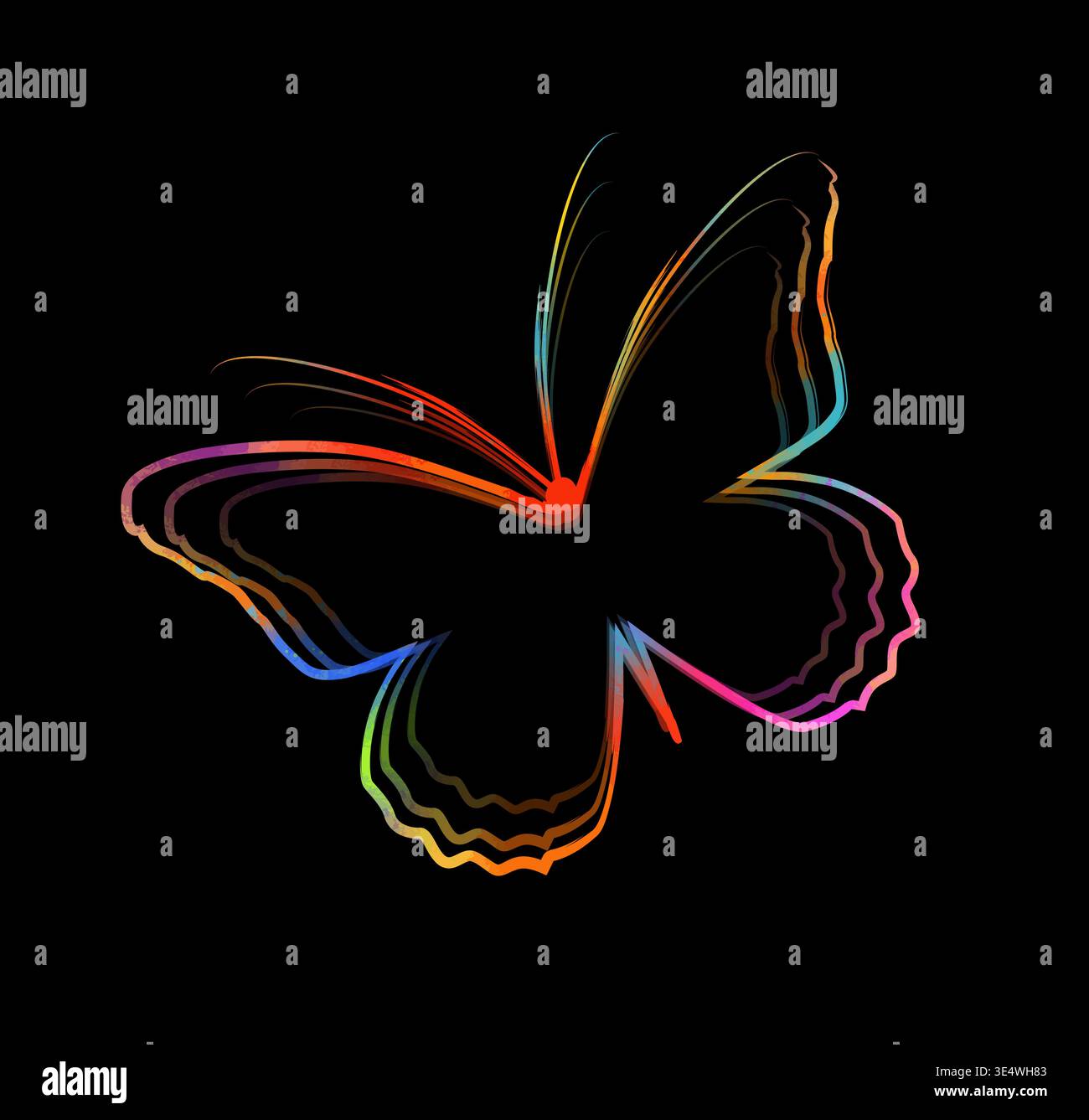 Papillon avec une ligne de pinceau sur un fond noir. Silhouette colorée papillon, pinceau d'art au lieu de corps, vecteur plat, dessin de contour, dessiné à la main Illustration de Vecteur