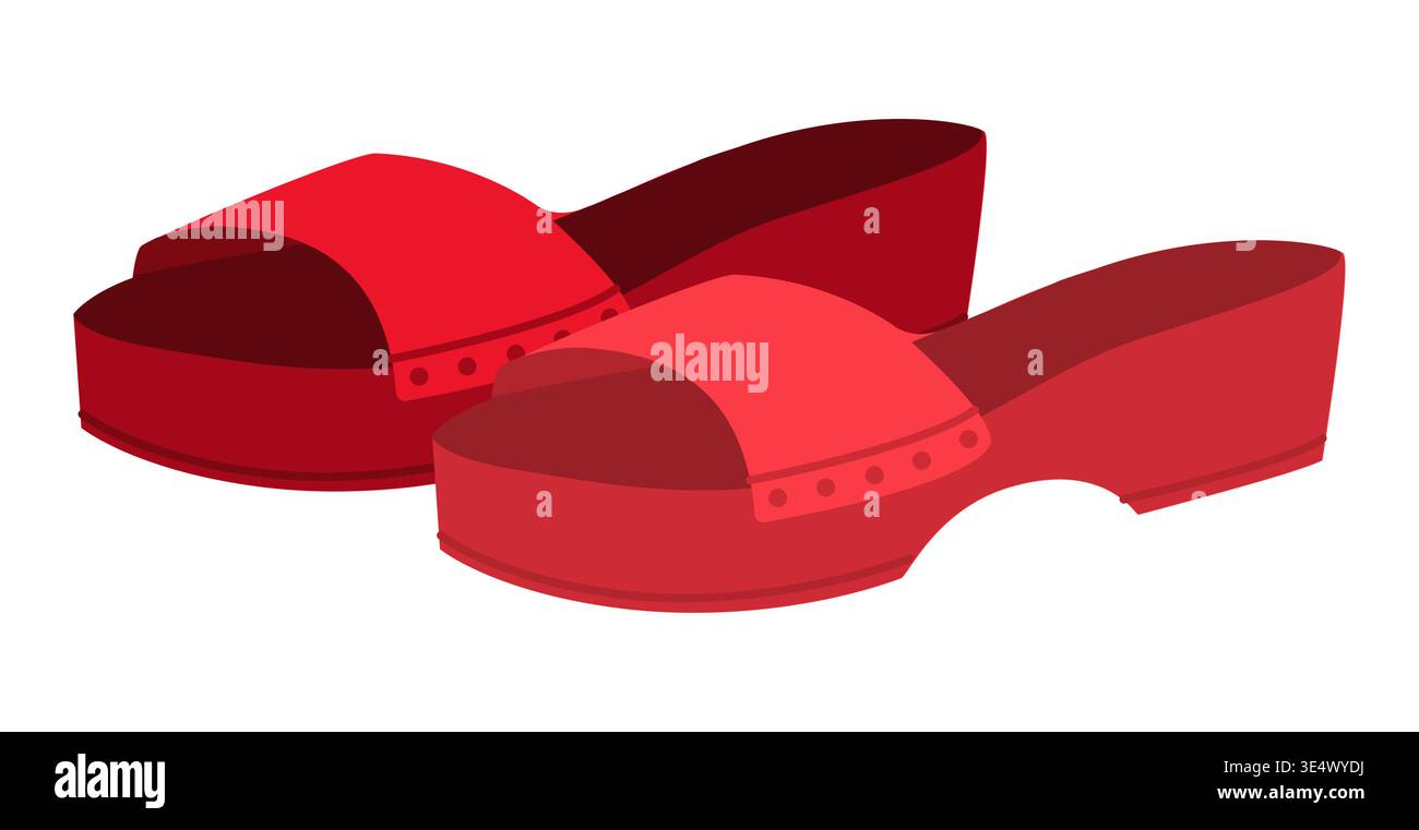 Rouge sabot sandale chaussure femmes plat paire. Sandale plate-forme Slide pour la fête d'été de la promenade en bord de mer. Illustration de mode technique CAD maquette soft vector homme unisexe style contemporain isolé. Illustration de Vecteur