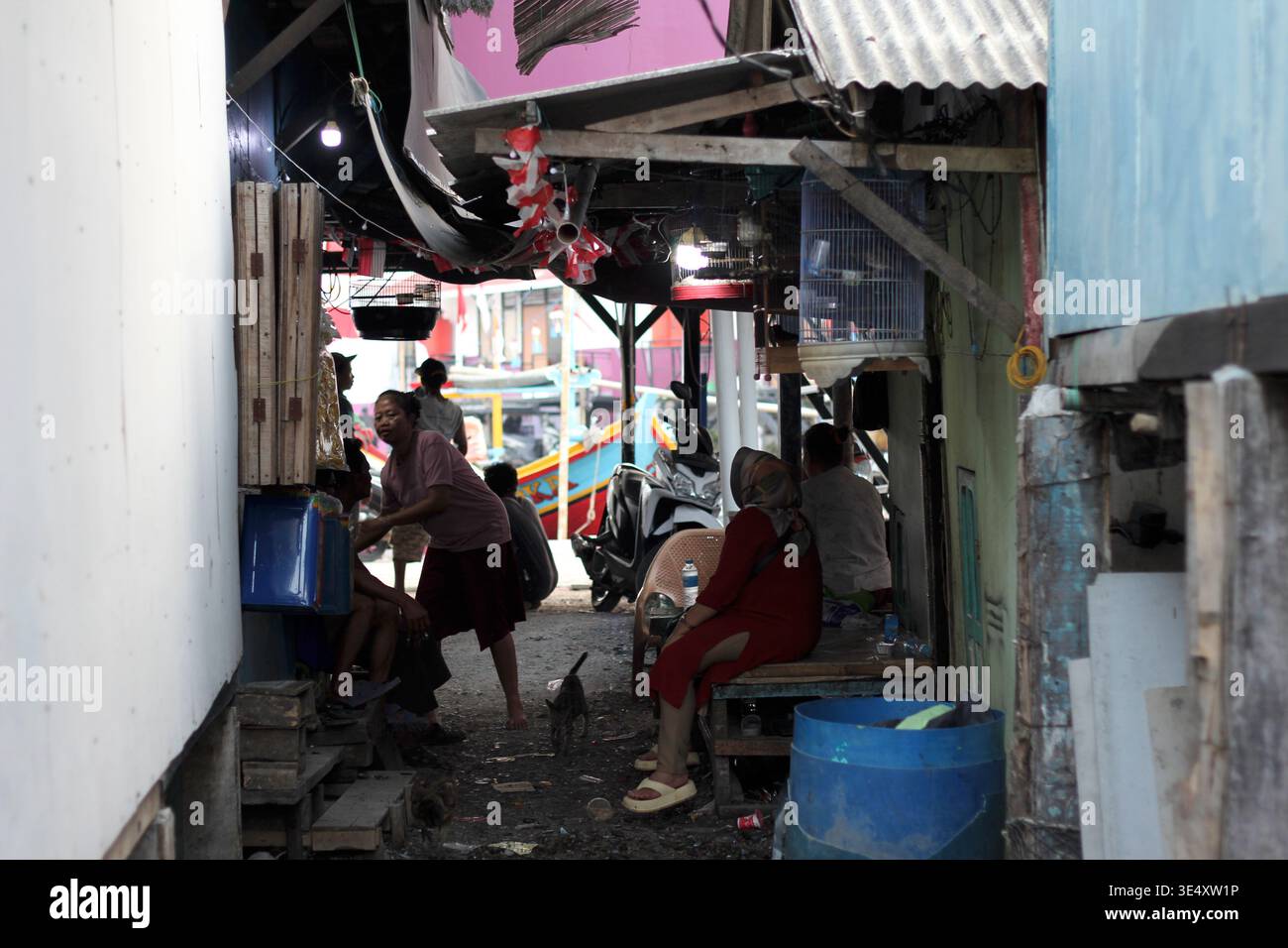 Les voisins se rassemblent dans une ruelle étroite à Muara Angke, Jakarta, Indonésie, la vie quotidienne dans la colonie côtière s'adaptant aux inondations de marée. Banque D'Images