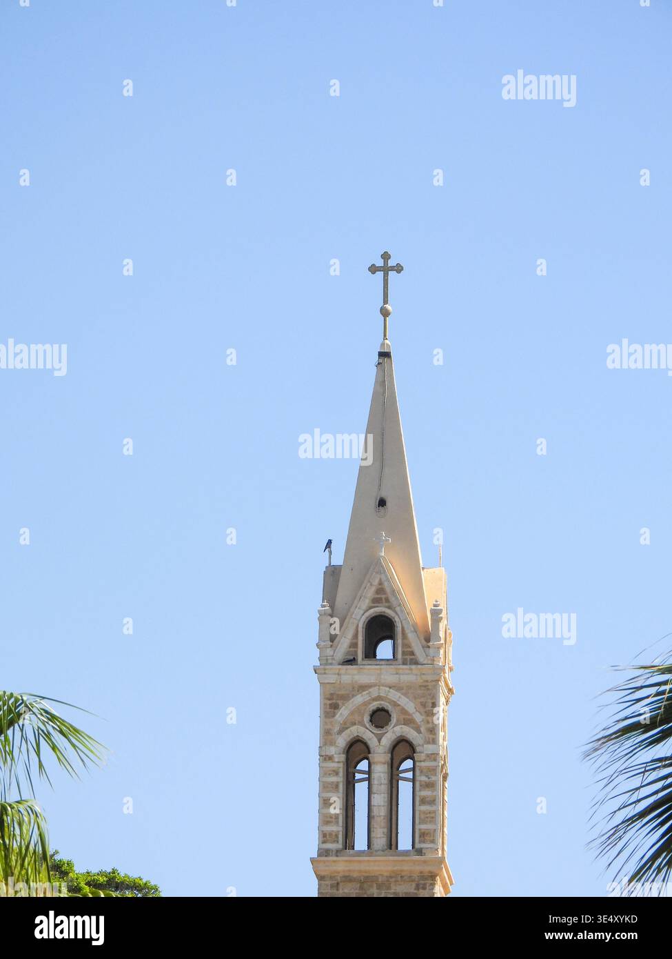 Paysage urbain de Jaffa avec l'emblématique clocher de l'église grecque-orthodoxe de George, des bâtiments modernes, des palmiers luxuriants et des drapeaux israéliens sous une clairière Banque D'Images