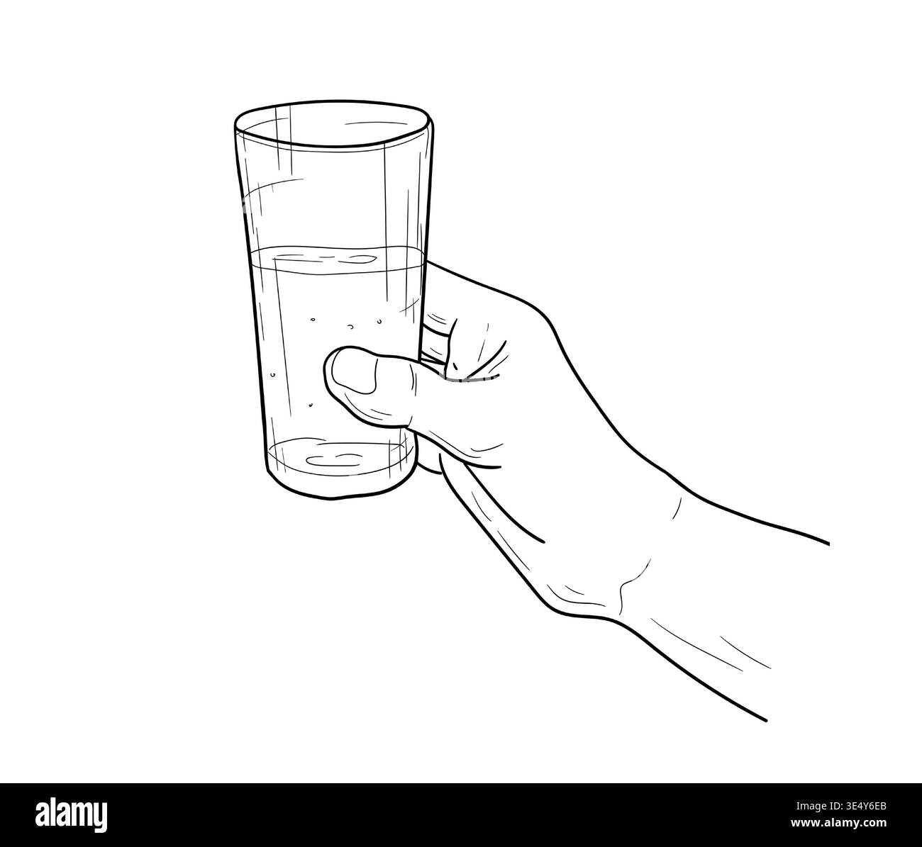 Une main tient un verre d'eau ou de soda, un croquis dessiné à la main. Illustration vectorielle. Le concept d'une boisson gazeuse, étancher la soif, liquide pétillant, su Illustration de Vecteur