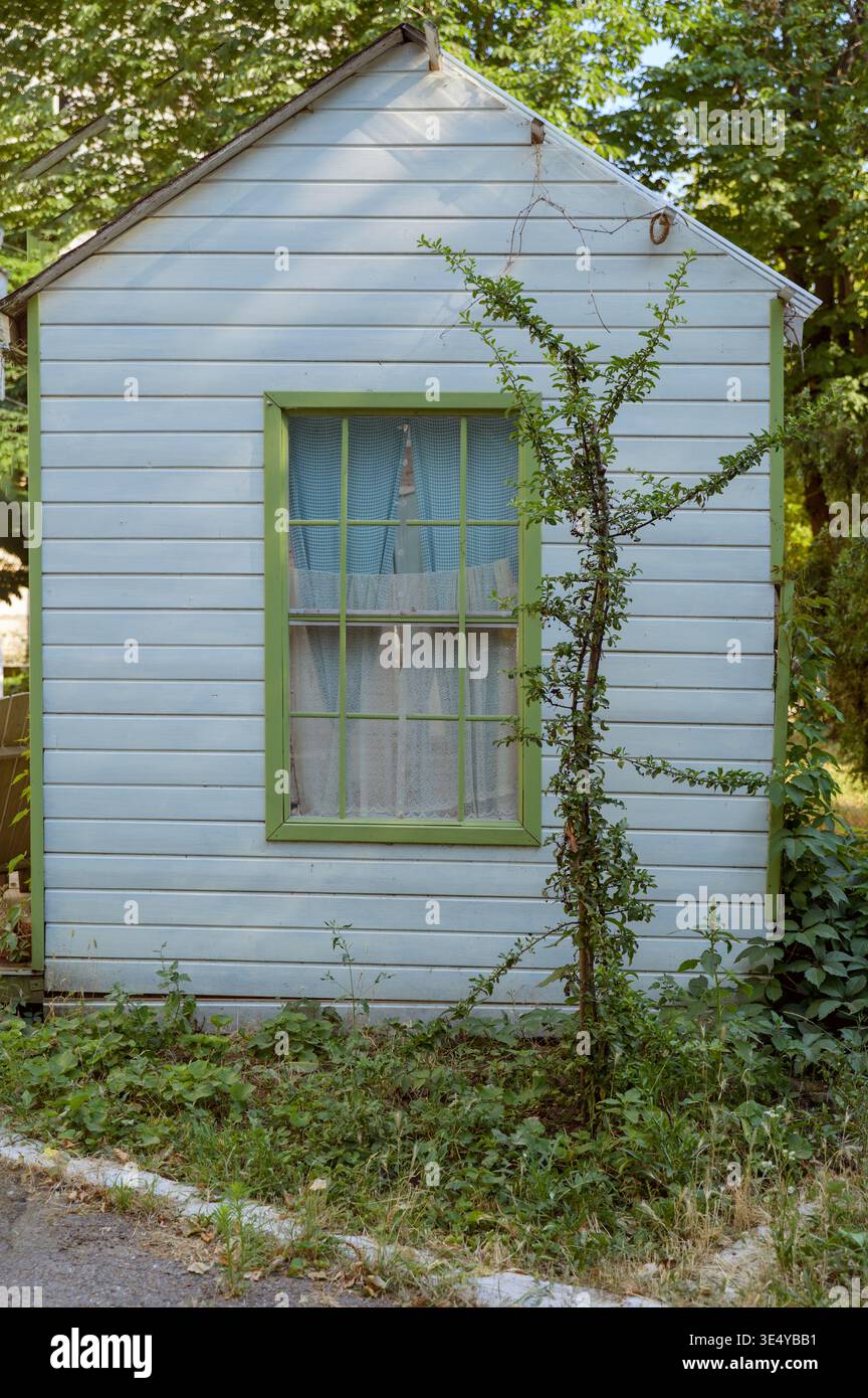 Vue de face d'une façade de chalet de jardin en bois. Les murs en bois naturel soulignent la beauté rustique. Concept de vie durable et archit rural traditionnel Banque D'Images