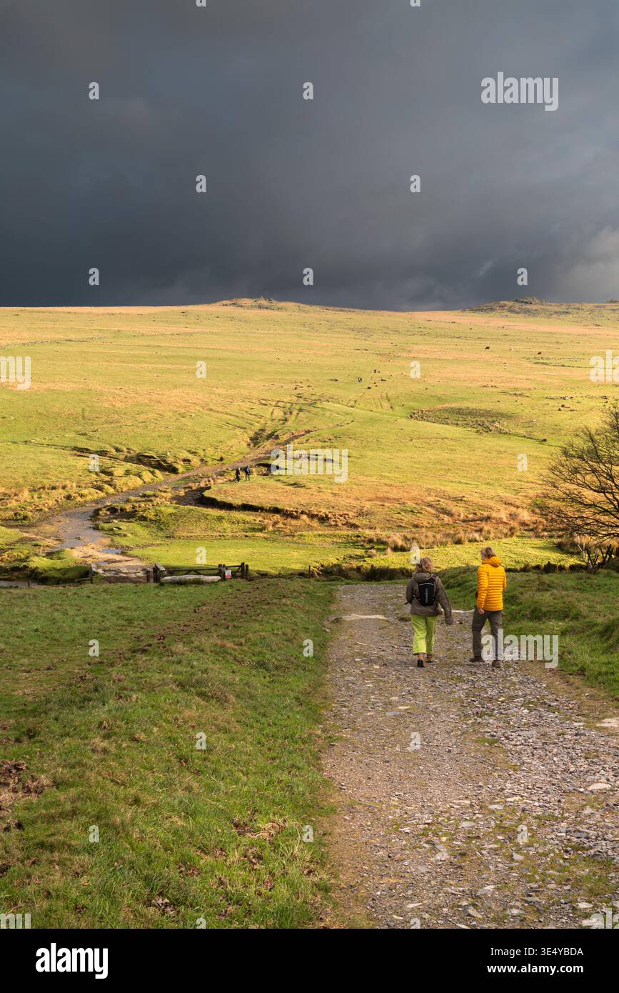 Deux personnes marchant le long d'une piste en direction de Roughtor Rough Tor sur le Bodmin Moor sauvage balayé par le vent en Cornouailles au Royaume-Uni. Banque D'Images