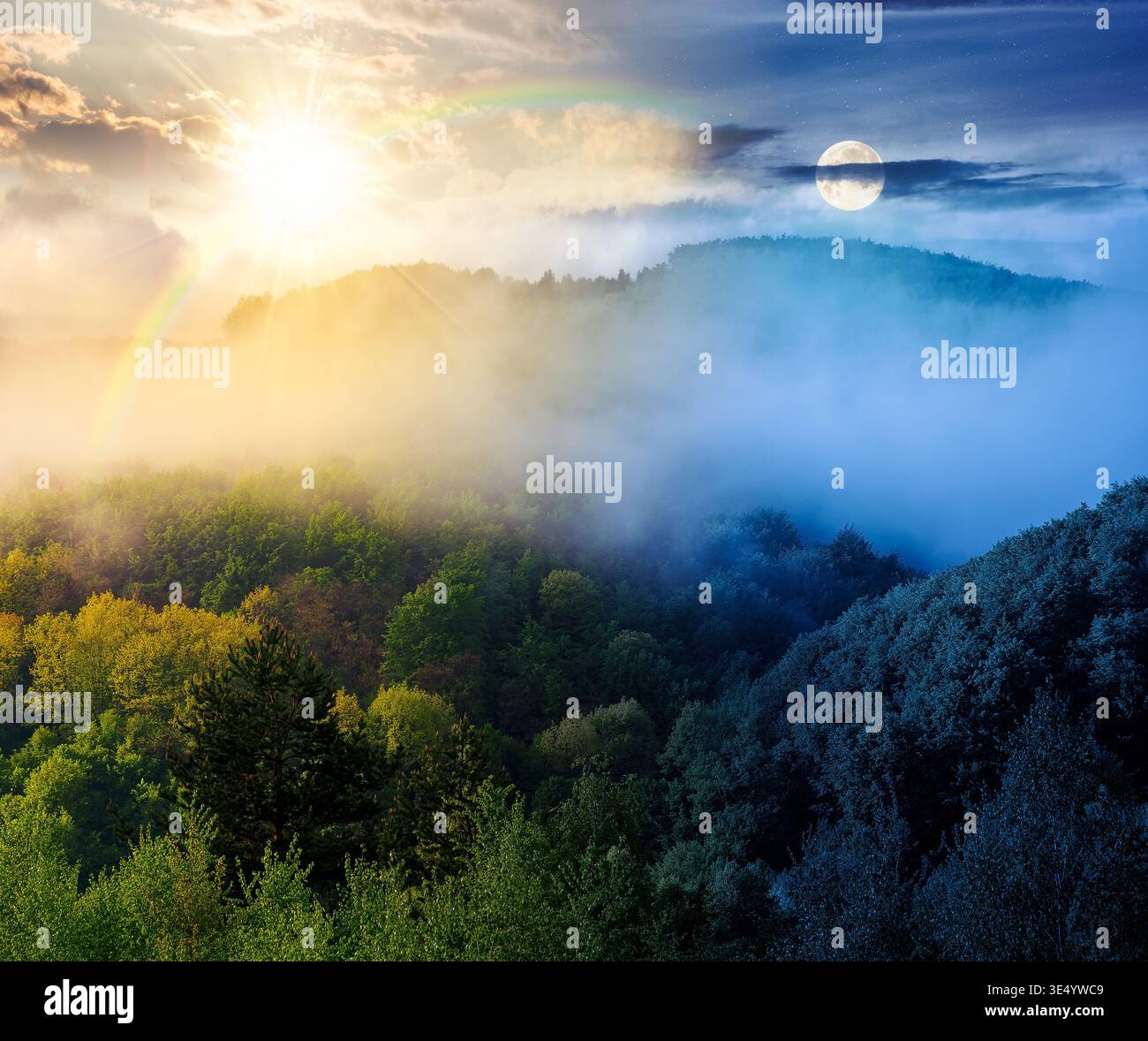 paysage de montagne avec brouillard froid. concept de changement de jour et de nuit. nuages bas au-dessus de la colline boisée avec soleil et lune. paysage extérieur au printemps fo Banque D'Images