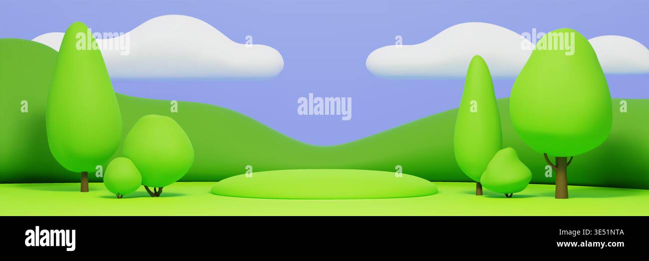 Joli fond de parc pour enfants 3D avec des collines d'herbe verte, ciel bleu avec des nuages moelleux blancs et podium. Scène de terrain de jeux d'enfants de dessin animé avec des arbres, paysage de champ de printemps de la nature dans le style de la plasticine Illustration de Vecteur