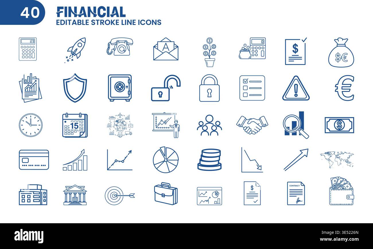 Jeu d'icônes vectorielles Financial and Business Outline 40 éléments de contour modifiables Illustration de Vecteur