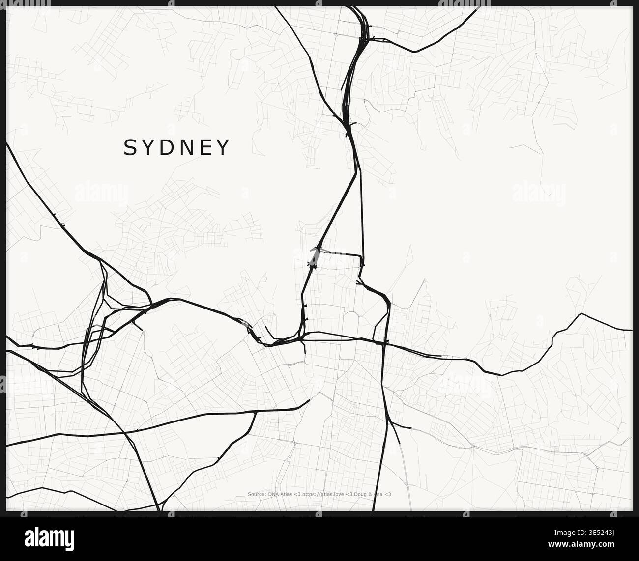 Sydney Road Network - ligne cartographique de poids d'encre Trois niveaux de course rendent les épines des autoroutes sur les artères noires complètes à un poids moyen et Illustration de Vecteur
